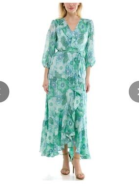 Maison Tara Green Floral High-Low Wrap Dress